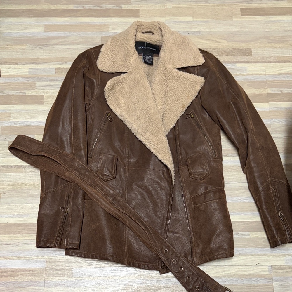 Moda International- Brown Leather Jacket with Shearling Collar